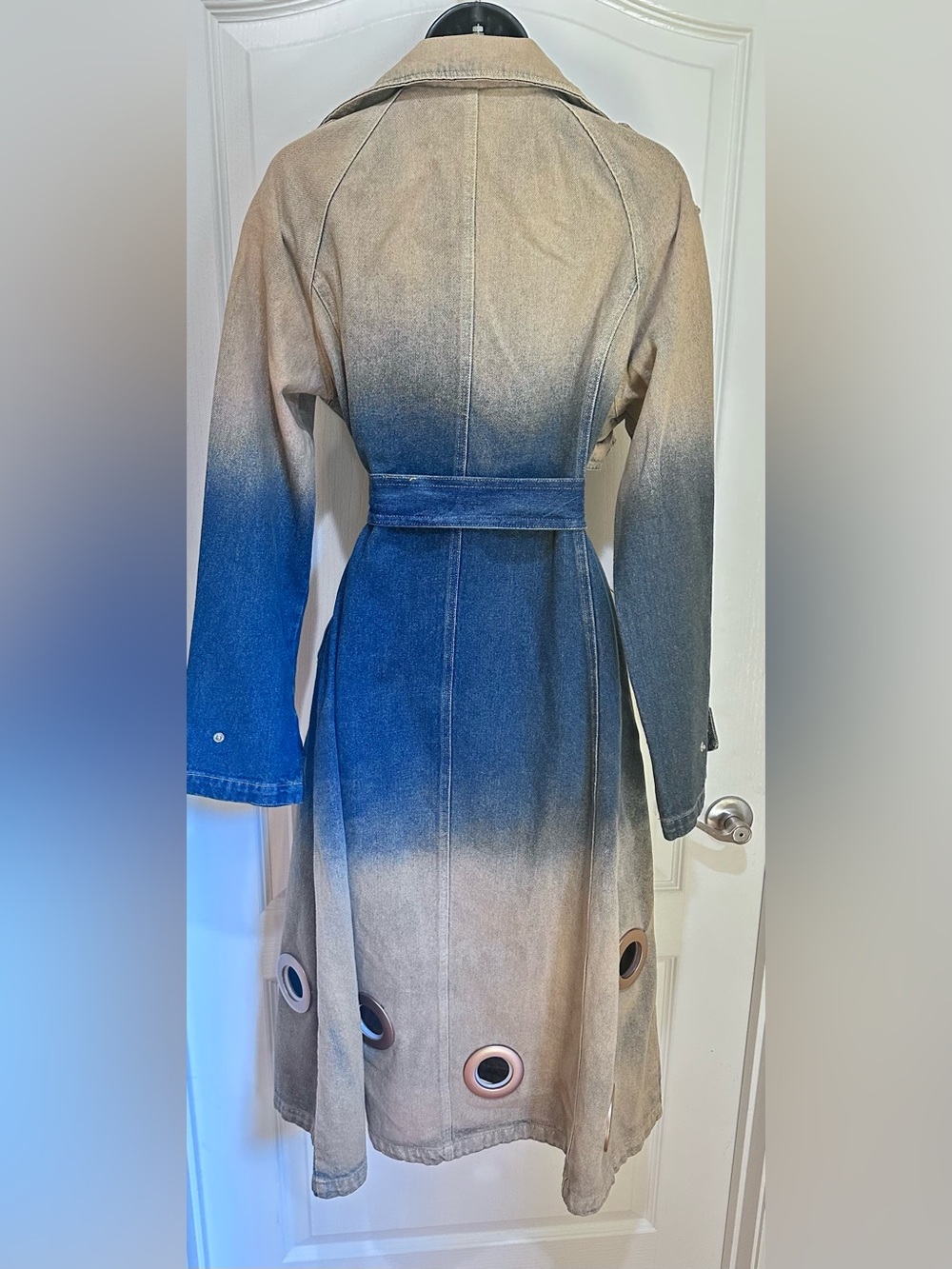 Upcycled Denim Trench Coat with Patchwork Grommet Blue and Distressed Tan size M - Picture 7 of 8